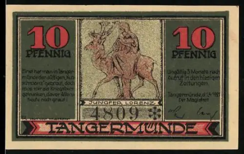 Notgeld Tangermünde 1921, 10 Pfennig, Jungfer Lorenz und das Tor mit Stadtwappen