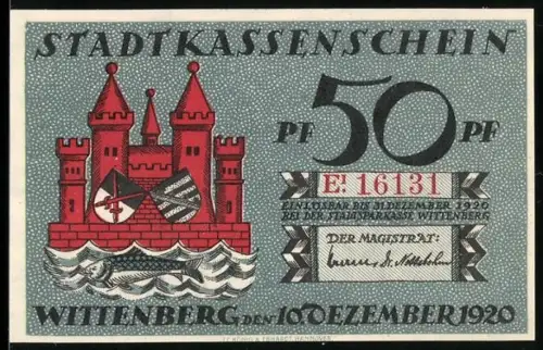 Notgeld Wittenberg 1920, 50 Pfennig, rotes Schloss und Martin Luther Porträt mit Zitatbanderolen
