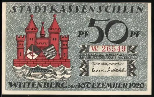 Notgeld Wittenberg 1920, 50 Pf, Burg und Martin Luther Porträt mit Spruchband
