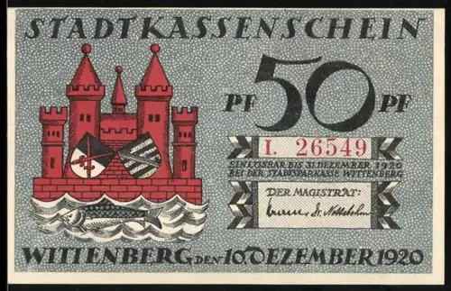 Notgeld Wittenberg 1920, 50 Pfennig, Burg und Porträt von Martin Luther mit lateinischer Inschrift