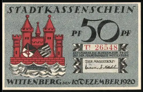 Notgeld Wittenberg 1920, 50 Pf, Burg und Martin Luther Porträt