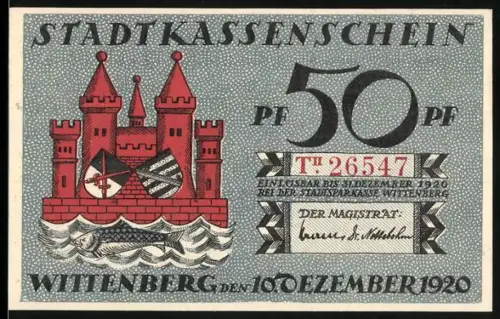 Notgeld Wittenberg 1920, 50 Pfennig, Burg und Martin Luther Porträt mit Spruchband