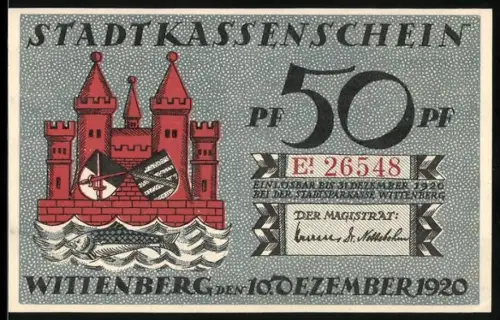 Notgeld Wittenberg 1920, 50 Pf, Burg und Martin Luther Porträt mit Spruchband