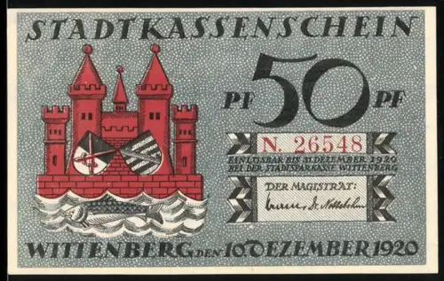 Notgeld Wittenberg 1920, 50 Pf, rote Burg mit Wappen, Porträt von Martin Luther