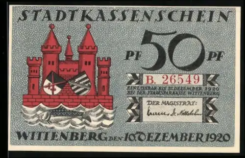 Notgeld Wittenberg 1920, 50 Pfennig, Stadttor und Martin Luther mit Schriftband