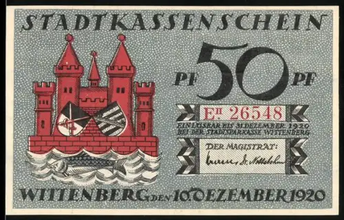 Notgeld Wittenberg 1920, 50 Pf, Stadttor mit Wappen und Porträt von Martin Luther