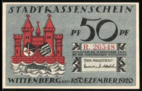 Notgeld Wittenberg 1920, 50 Pf, Burg und Martin Luther mit Schriftbändern