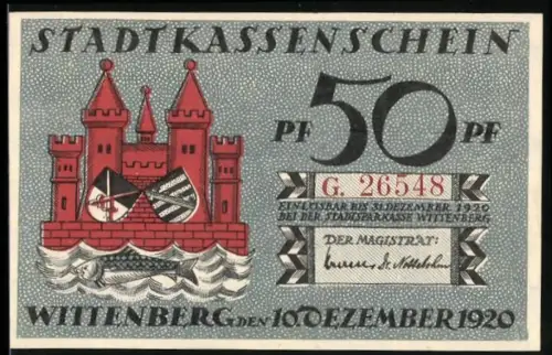 Notgeld Wittenberg 1920, 50 Pf, Stadtwappen und Porträt von Martin Luther mit Schriftrollen