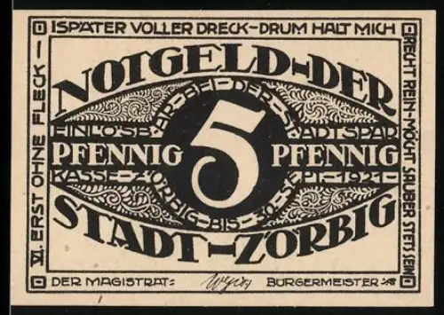 Notgeld Zörbig, 5 Pfennig, dekoratives zentrales Muster mit Sprüchen