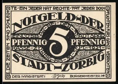 Notgeld Zörbig, 5 Pfennig, dekoratives Muster und Textband mit Rechts- und Pflichtenhinweisen
