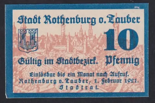 Notgeld Rothenburg /Tauber 1921, 10 Pfennig, Ortsansicht und Wappen