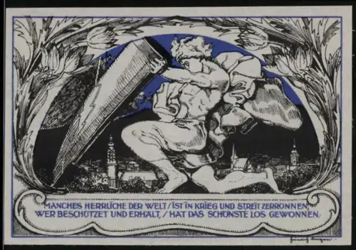 Notgeld Weimar 1921, 50 Pfennig, Porträt und allegorische Figur mit Architektur im Hintergrund