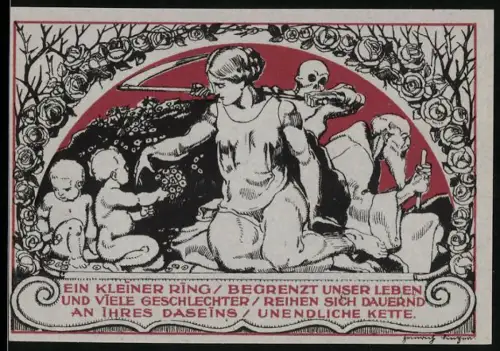 Notgeld Weimar 1921, 50 Pfennig, Goethe-Porträt und symbolische Lebensdarstellung mit Tod und Alter
