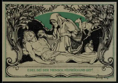 Notgeld Weimar 1921, 50 Pfennig, Porträt und Barmherziger Samariter mit Kamel