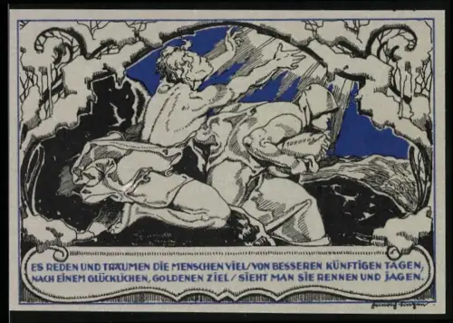 Notgeld Weimar 1921, 50 Pfennig, Porträt mit literarischem Zitat und symbolischer Jagdszene