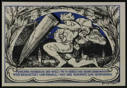 Notgeld Weimar 1921, 50 Pfennig, muskulöse Figur mit Schild und Ortsansicht, Porträt eines Mannes