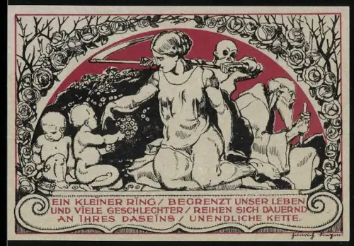 Notgeld Weimar 1921, 50 Pfennig, Porträt und symbolische Darstellung von Leben und Tod