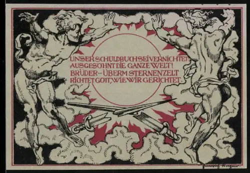 Notgeld Weimar 1921, 50 Pfennig, Porträt mit zwei Figuren und Schwertern