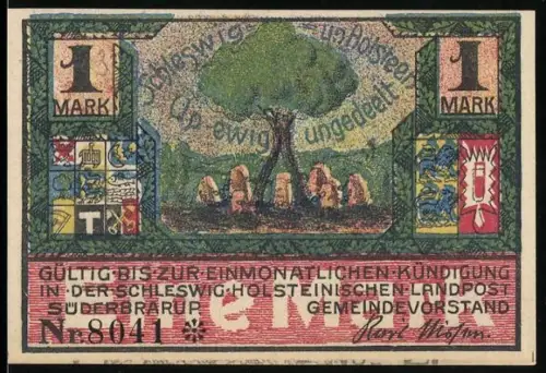Notgeld Süderbrarup, 1 Mark, Baum und historische Feier mit Flaggen und Menschenmengen