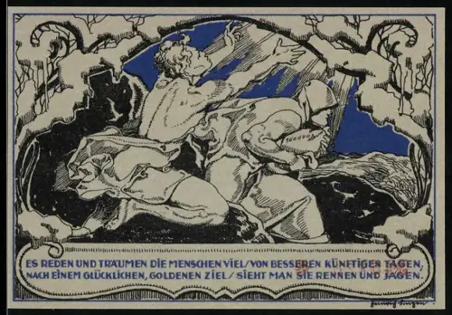 Notgeld Weimar 1921, 50 Pfennig, Porträt und allegorische Szene mit Menschen und Bäumen