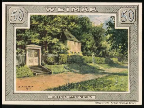 Notgeld Weimar 1921, 50 Pf., Goethes Gartenhaus und Wappen mit Löwe und Helmflügel