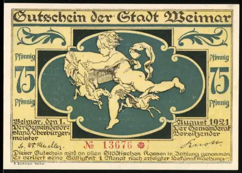Notgeld Weimar 1921, 75 Pfennig, geflügelte Figur und Chaos in der Stadt