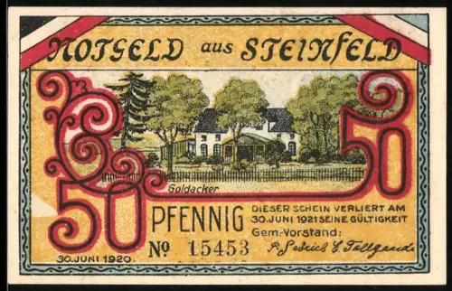 Notgeld Steinfeld 1920, 50 Pfennig, Bauernhof und Landschaft mit Bäumen und Steinen