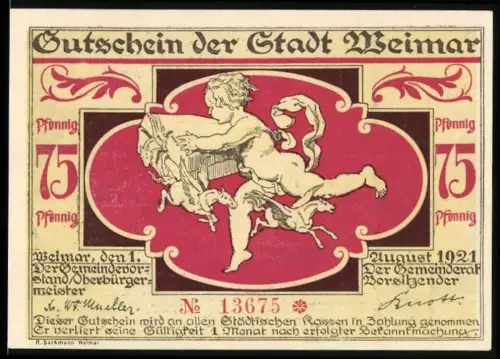 Notgeld Weimar 1921, 75 Pfennig, Engel mit Ziegen und Festmahl-Szene