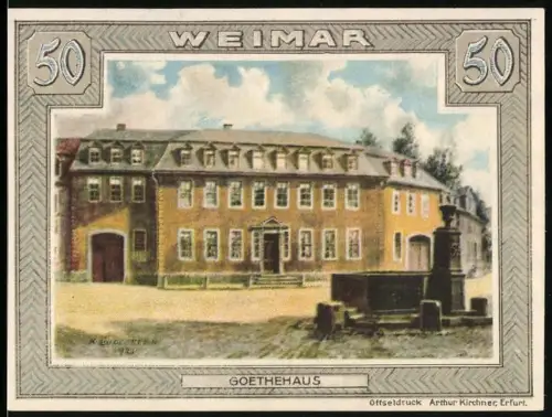 Notgeld Weimar 1921, 50 Pf., Goethehaus und Wappen mit Löwe und Flügelhelm