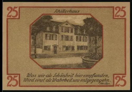 Notgeld Weimar 1921, 25 Pfennig, Schillerhaus und Stadtwappen mit Dichterporträts