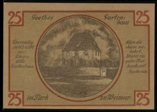 Notgeld Weimar 1921, 25 Pfennig, Goethes Gartenhaus und Porträts mit Wappen