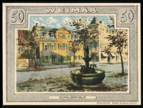 Notgeld Weimar 1921, 50 Pf., Schillerhaus und Wappen mit Löwe und Helmzier
