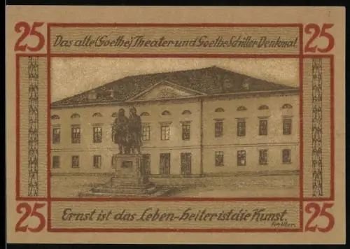 Notgeld Weimar 1921, 25 Pfennig, Altes Goethe-Theater und Goethe-Schiller-Denkmal, Wappen mit Löwe