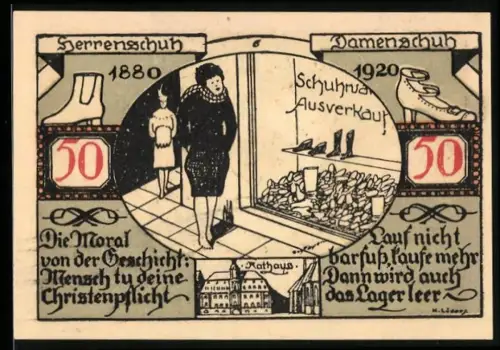 Notgeld Weissenfels a.d. Saale 1921, 50 Pfennig, Schaufenster mit Schuhen und Stadtwappen