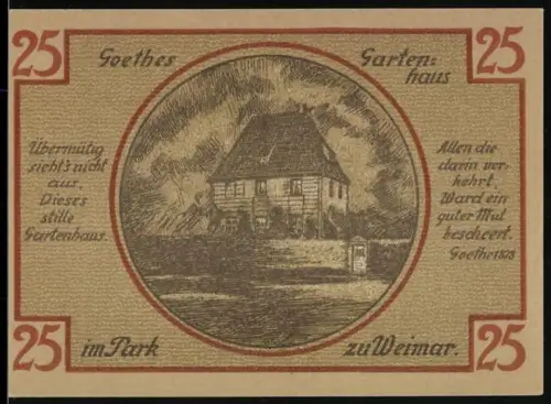 Notgeld Weimar 1922, 25 Pfennig, Goethes Gartenhaus und Silhouetten mit Löwenwappen