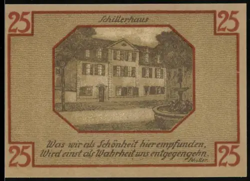 Notgeld Weimar 1921, 25 Pfennig, Schillerhaus und Silhouetten berühmter Persönlichkeiten