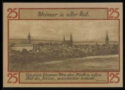Notgeld Weimar 1921, 25 Pfennig, Ortsansicht und Wappen mit Porträts