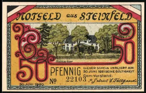 Notgeld Steinfeld 1920, 50 Pfennig, Haus im Grünen und Steine unter Bäumen