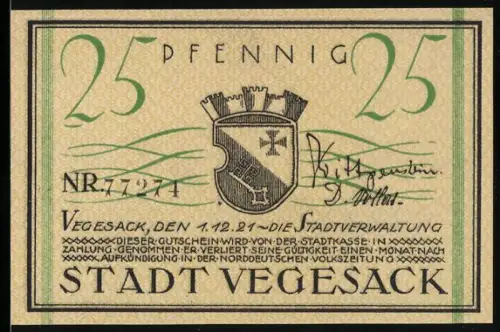 Notgeld Vegesack 1921, 25 Pfennig, Dampfschiff auf der Weser und Wappen