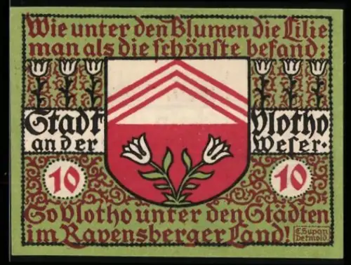 Notgeld Vlotho a. d. Weser 1921, 10 Pfennig, Wappen mit Lilienmotiven