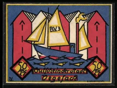 Notgeld Vegesack 1921, 50 Pf, Segelboote und Gebäude im Stil des Expressionismus