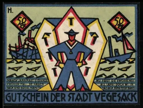 Notgeld Vegesack 1921, 50 Pfennig, Matrose und Schiffe, Anker und Zahnrad