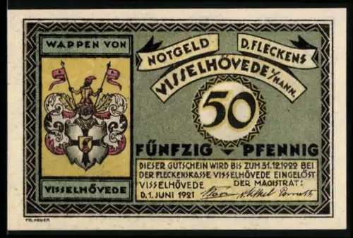 Notgeld Visselhövede /Hann. 1921, 50 Pfennig, Wappen, Kirche mit Glockenturm aus dem 11. Jahrhundert