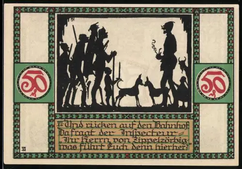 Notgeld Zörbig 1921, 50 Pfennig, Silhouetten von Figuren und Wappen der Stadt mit Turm und Landschaft