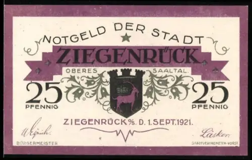 Notgeld Ziegenrück /O.S. 1921, 25 Pfennig, Landschaft mit Fluss und Gedicht, Ziegenwappen