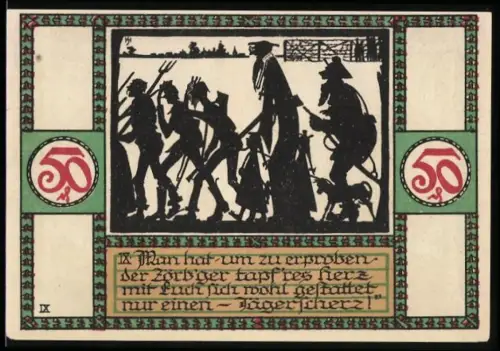 Notgeld Zörbig 1921, 50 Pfennig, Silhouetten von Menschen und Gebäudemotive mit Stadtwappen