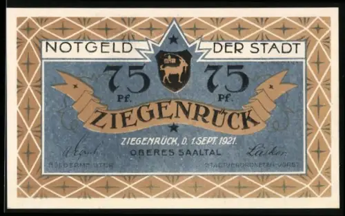 Notgeld Ziegenrück /Oberes Saaltal 1921, 75 Pfennig, Stadtwappen und Landschaft mit Burg und Ortsansicht im Saaltal