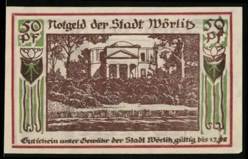 Notgeld Wörlitz, 50 Pf, klassizistisches Gebäude und Parklandschaft mit Schwan