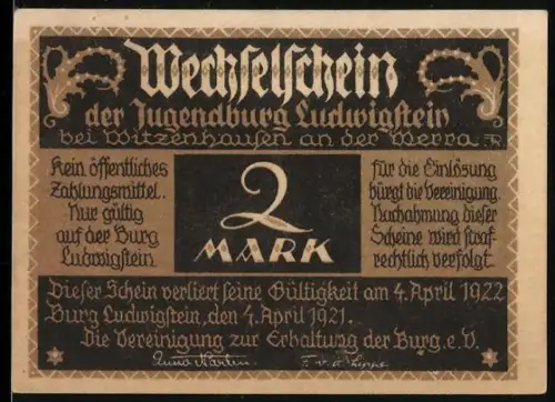 Notgeld Witzenhausen an der Werra 1921, 2 Mark, Burg Ludwigstein und Wanderer-Motiv