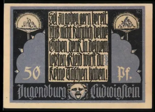 Notgeld Witzenhausen an der Werra 1921, 50 Pfennig, Flammen und Inschrift, Jugendburg Ludwigstein
